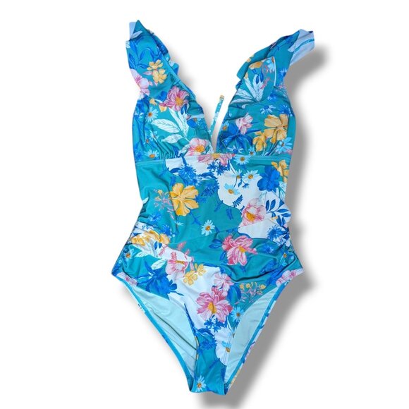 NWT Cupshe Women One Piece Swimsuit Large Multicolor Floral Tropical Ruffle Teal - Picture 1 of 4